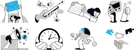 Marketing. Set of people illustrations in various activities of online marketing, social media, networking, internet advertising, promotion, e-commerce. vector