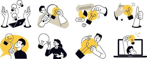 Startup. Set of illustrations of big idea, startup, creative and business idea, tips, brainstorming, project development, innovative solutions, social media and marketing. vector