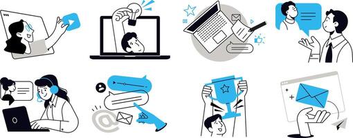 Internet marketing, Set of people illustrations in various activities of online marketing, social media, networking, internet advertising, promotion, e-commerce. vector