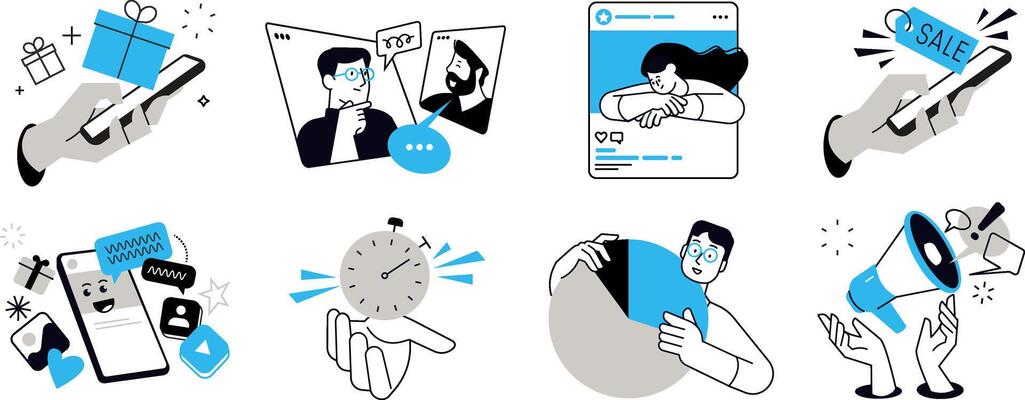 Digital and content marketing illustrations. Set of people illustrations in various activities of online marketing, social media, networking, internet advertising, promotion, e-commerce.