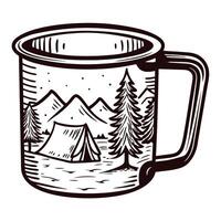 Camping themed metal mug with mountain and forest in black and white vector