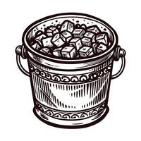 Hand drawn of a rustic bucket filled with ice cubes on white background vector