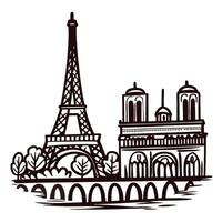 Iconic paris landmarks eiffel tower and notre dame sketch with trees and river vector