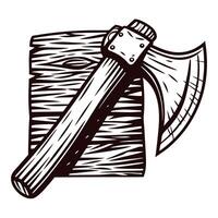 Vintage woodcut axe with detailed handle and rustic wooden background vector