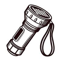 Vintage flashlight with strap handle in detailed black and white sketch vector