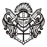Medieval knight emblem with helmet, shields, and swords in black and white design vector
