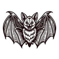 Detailed black and white of a smiling bat with outstretched wings vector