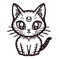 Cute cat with a crescent moon on forehead in black and white line art design vector