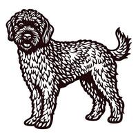 Intricate black and white line art of a happy fluffy dog with curly fur vector