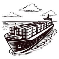 Cargo ship navigating open sea with containers on board under sketched clouds vector