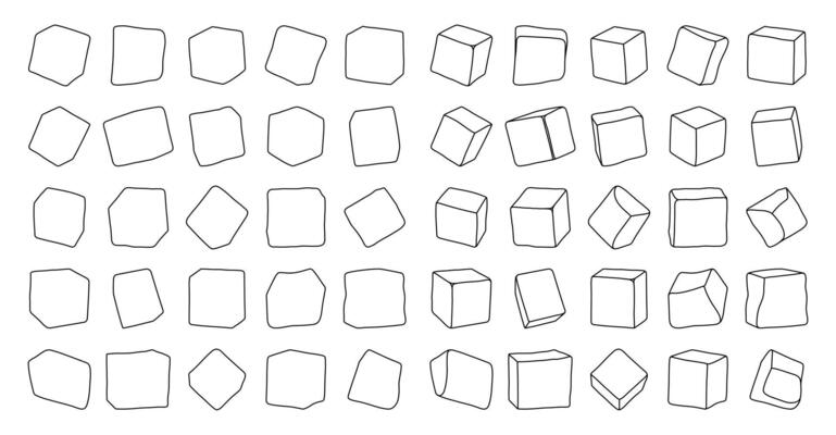 Set of ice cube silhouettes, sketch of crystal cubes, freeze water for cocktail, beverage, lemonade for cooling