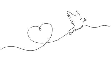 continuous one line drawing of a dove flying towards a heart, symbolizing love and freedom. vector