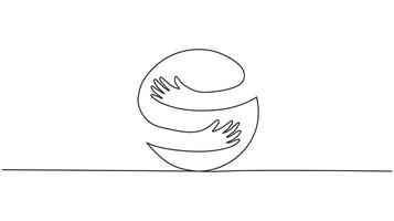 continuous One line drawing of hands embracing a sphere, symbolizing global unity. vector