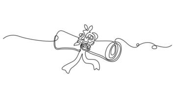 continuous one line drawing of a diploma with ribbon and floral decorations. vector