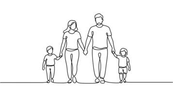 A family holding hands, walking together in a Continuous One Line Drawing vector