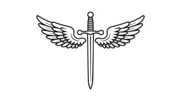 A Clean Line Art Illustration Of A Sword With Angel Wings. vector