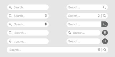 Modern Search Bar UI Set, Voice Search and Magnifying Glass Icon Collection for Web and Mobile Interface, Minimalist Search Field Templates, Flat Design, Light and Dark Mode Elements for App Design vector