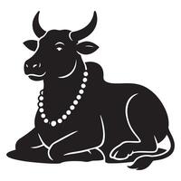 Black and white illustration of a sacred cow with necklace for indian hindu religious design element silhouette vector