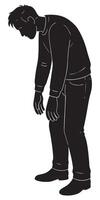 Illustration of a sad man with depression in black and white silhouette looking down with poor posture vector