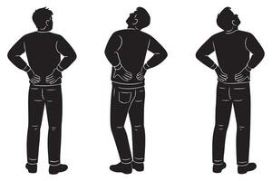 Silhouette of a man standing with both hands resting on his lower back vector