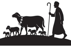 Shepherd with sheep illustration black and white clip art for religious themes and graphic design use silhouette vector