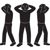 Silhouette of a man standing with both hands clasped behind his head in shock or disbelief vector