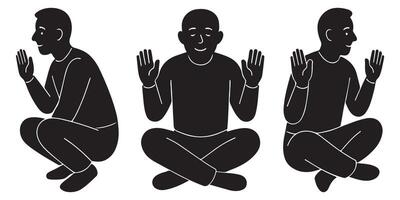 Silhouette of a man sitting cross-legged with hands raised shoulder-high in calm acceptance vector