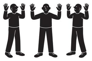 Arrested cartoon men with hands up in black and white illustration for graphic design and web design use silhouette vector
