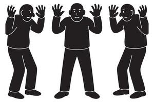 Three people with hands up illustration concept for surrender or arrest in black and white drawing style silhouette vector