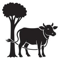 Black silhouette of a cow tied to a tree illustration for print or digital use and graphic design, Cow Tied to a Tree Silhouette vector