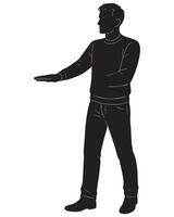 Silhouette of man standing with outstretched hand presentation pose design for creative projects use vector