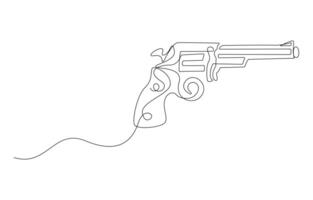 Revolver continuous one line drawing, Continuous line art drawing of gun vector
