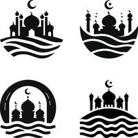 Minimalist Mosque Silhouette with Crescent Moon and Wavy Lines. Islamic Architecture on White Background vector