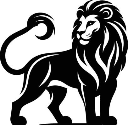 A black and white illustration of a lion