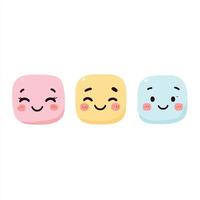 Three different colored marshmallows with different expressions vector