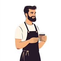 A man with a beard and apron holding a cup of coffee vector