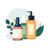 Beauty products with leaves and flowers vector