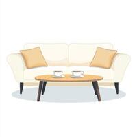 A white couch with two cups on the table vector
