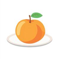 An orange on a plate with a leaf on it vector