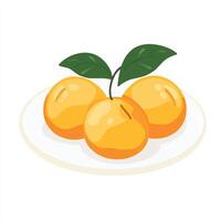 Three oranges are on a plate with leaves vector