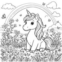 Unicorn In A Field Illustration Coloring Page A Great Choice To Have Relaxing Moment vector