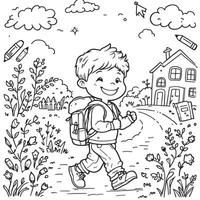 A Happy Schoolboy with Backpack Ready to Learn Coloring Page For Kids vector