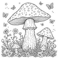 Enchanting Forest Mushroom Coloring Page Wonderful Nature Fantasy Scene For Relaxation and Creativity vector