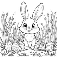 Happy Easter Bunny with Eggs Hiding in Grass Coloring Page for Relaxing Activity vector