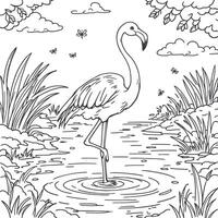 A Beautiful Flamingo Standing in Water Coloring Page Design for Kids and Adults Activity vector