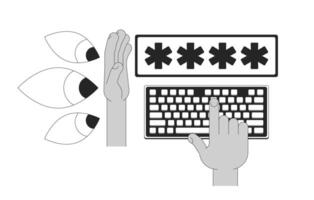Password protection line illustration concept. Data security, privacy. Cybersecurity. Shielding typing keyboard from prying eyes outline 2D composition isolated. Ink linear metaphor art vector