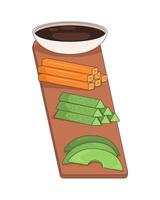 Vegetable platter with dip on wooden board 2D cartoon object. Carrot sticks, avocado wedges, cucumber slices, dipping soy sauce isolated element flat clip art on white. Spot illustration vector