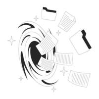 Files loss line illustration concept. Data corruption. Accidental deletion. Swirling vortex with flying folders and documents outline 2D composition isolated. Ink linear metaphor art vector
