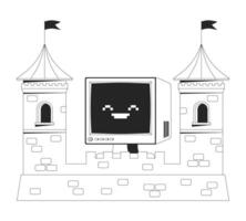 Computer protection line illustration concept. Cybersecurity stronghold firewall. CRT monitor protected in digital fortress towers outline 2D composition isolated. Ink linear metaphor art vector