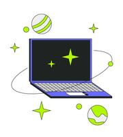 Laptop with orbiting planets sparkles 2D onboarding ui illustration. Cosmic internet. Cyber space notebook. Universe technology cartoon concept isolated on white. Flat abstract metaphor vector